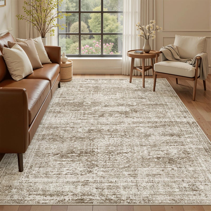 Soalmost 5x7 Area Rugs Brown Low Pile Indoor Washable Trendy Faded Style Rugs for Bedroom Living Room Dining Room Foldable Non-Slip Thin Print Mat - Image 1