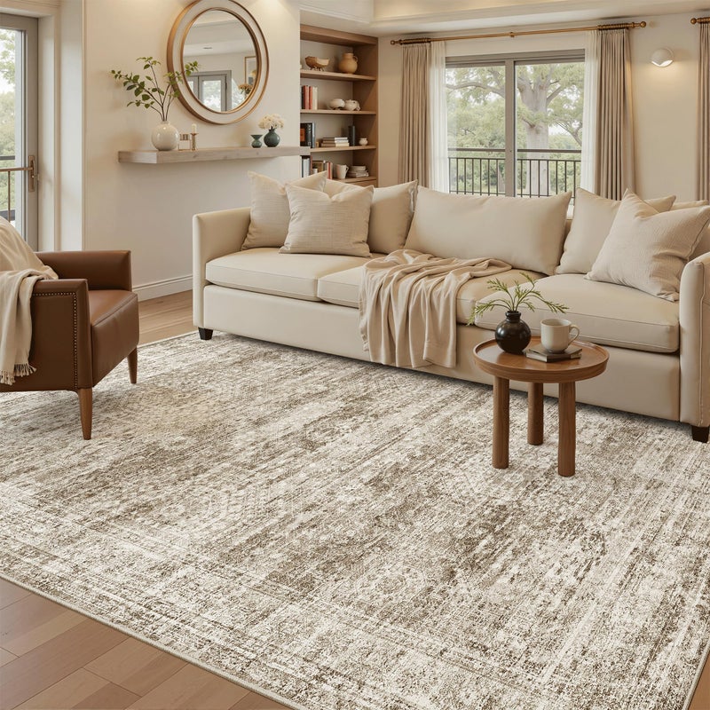 Soalmost 5x7 Area Rugs Brown Low Pile Indoor Washable Trendy Faded Style Rugs for Bedroom Living Room Dining Room Foldable Non-Slip Thin Print Mat - Image 2