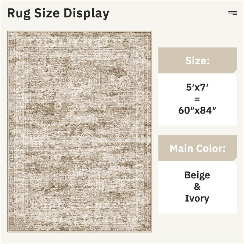 Soalmost 5x7 Area Rugs Brown Low Pile Indoor Washable Trendy Faded Style Rugs for Bedroom Living Room Dining Room Foldable Non-Slip Thin Print Mat - Image 5