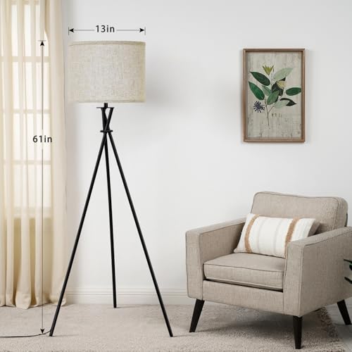 Luvkczc Tripod Floor Lamp Black, 61” Tall Floor Lamps, Standing Lamp with Rotary Switch, Modern Floor Lamp Simple Design with Beige Shade, Floor Lamps for Living Room, Bedroom, Office, Without Bulb - Image 2