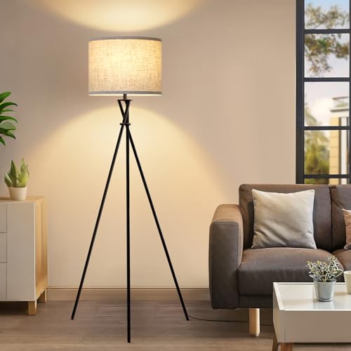Luvkczc Tripod Floor Lamp Black, 61” Tall Floor Lamps, Standing Lamp with Rotary Switch, Modern Floor Lamp Simple Design with Beige Shade, Floor Lamps for Living Room, Bedroom, Office, Without Bulb - Image 1
