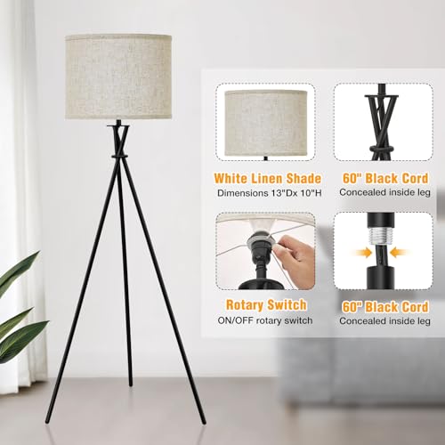 Luvkczc Tripod Floor Lamp Black, 61” Tall Floor Lamps, Standing Lamp with Rotary Switch, Modern Floor Lamp Simple Design with Beige Shade, Floor Lamps for Living Room, Bedroom, Office, Without Bulb - Image 5
