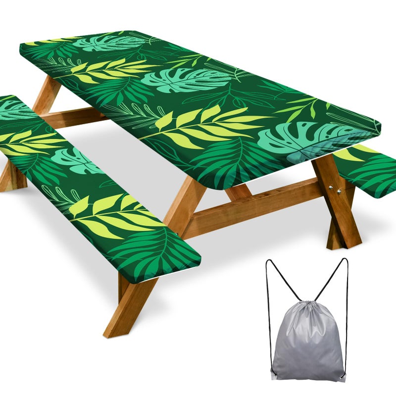 Play Tailor Picnic Table Cover with Bench Covers Camping Essentials Waterproof Windproof Camping Tablecloth with Drawstring Bag, Fitted Rectangle Tables and Seats, 72in, Dark Green - Image 1