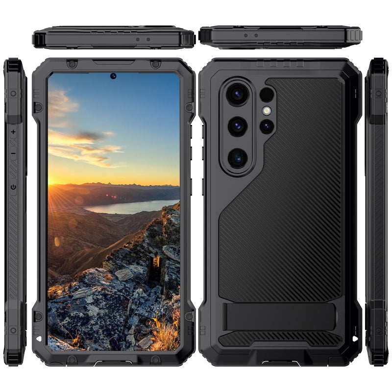 Marrkey for Samsung Galaxy S24 Ultra Metal Case with Stand Screen Protector Durable Bumper Military Grade Shockproof Heavy Duty Rugged Full Body Kickstand Cover Fingerprint Compatible - Black - Image 2