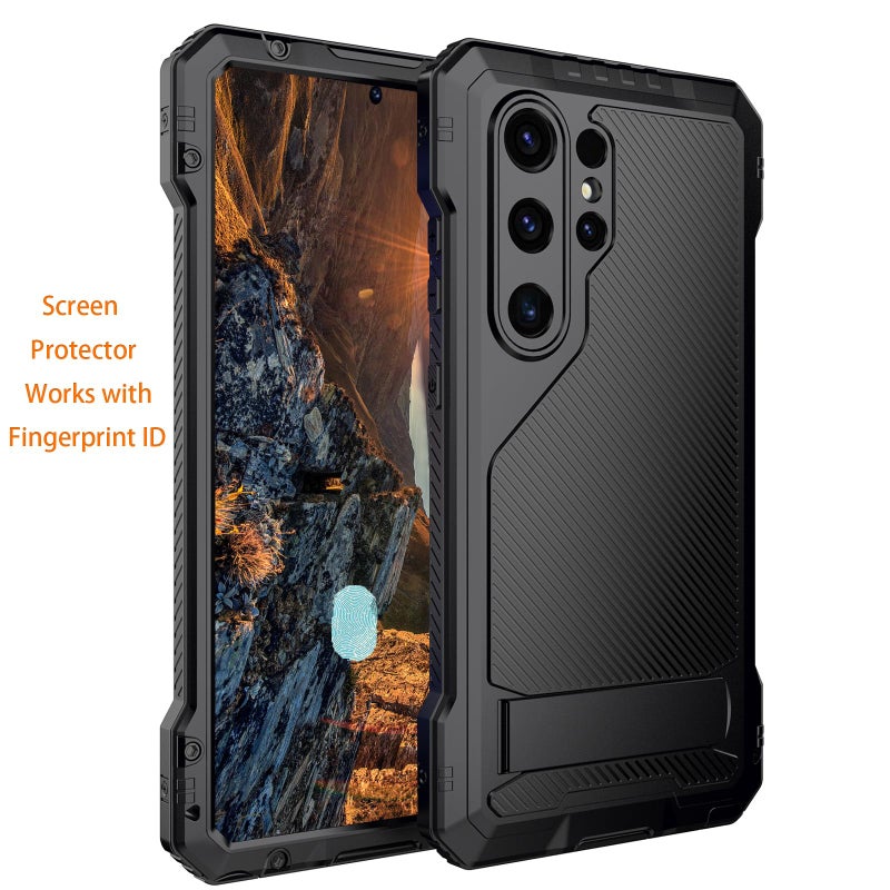 Marrkey for Samsung Galaxy S24 Ultra Metal Case with Stand Screen Protector Durable Bumper Military Grade Shockproof Heavy Duty Rugged Full Body Kickstand Cover Fingerprint Compatible - Black - Image 3