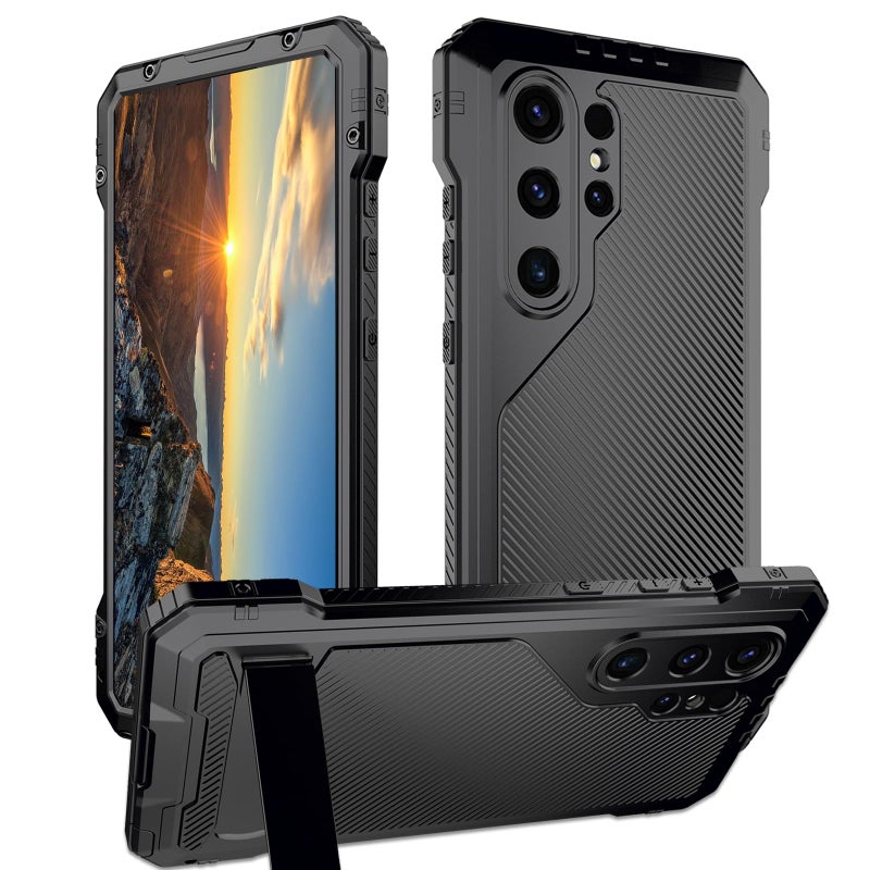 Marrkey for Samsung Galaxy S24 Ultra Metal Case with Stand Screen Protector Durable Bumper Military Grade Shockproof Heavy Duty Rugged Full Body Kickstand Cover Fingerprint Compatible - Black - Image 1