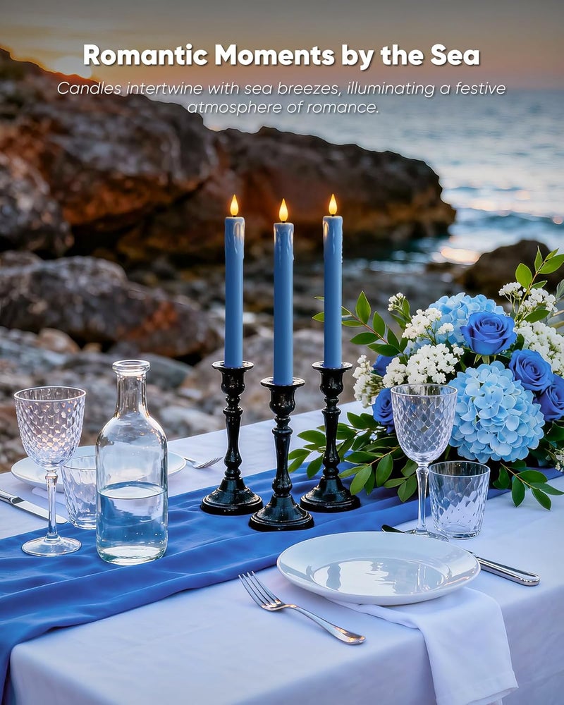 Homemory 6 Pcs Real Wax Blue Flameless Taper Candles with Remote Timer, 9.6 Inches LED Fake Candlesticks, LED Candle with 3D Flickering Flame for Romantic Wedding, Dinner, Xmas Anniversary Decor - Image 3