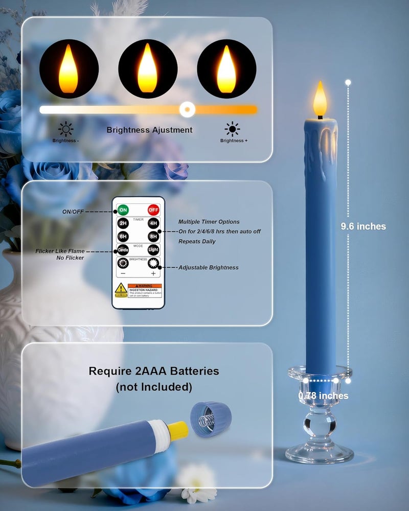 Homemory 6 Pcs Real Wax Blue Flameless Taper Candles with Remote Timer, 9.6 Inches LED Fake Candlesticks, LED Candle with 3D Flickering Flame for Romantic Wedding, Dinner, Xmas Anniversary Decor - Image 4