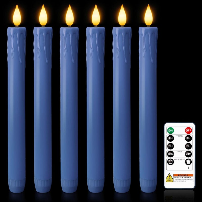 Homemory 6 Pcs Real Wax Blue Flameless Taper Candles with Remote Timer, 9.6 Inches LED Fake Candlesticks, LED Candle with 3D Flickering Flame for Romantic Wedding, Dinner, Xmas Anniversary Decor - Image 1