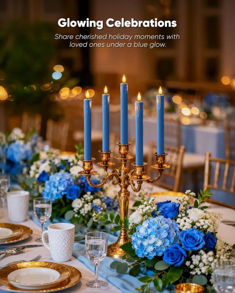 Homemory 6 Pcs Real Wax Blue Flameless Taper Candles with Remote Timer, 9.6 Inches LED Fake Candlesticks, LED Candle with 3D Flickering Flame for Romantic Wedding, Dinner, Xmas Anniversary Decor - Image 5