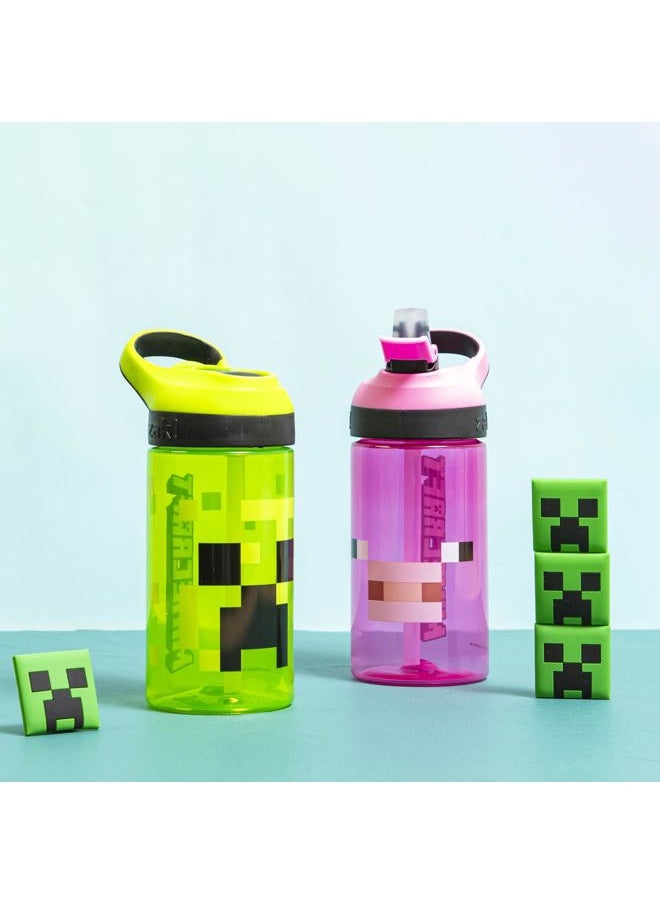 Zak Designs - Minecraft Kids Water Bottle with Straw and Built in Carrying Loop Set, Made of Plastic, Leak-Proof Water Bottle Designs (Creeper/Pig, 16 oz, 2pc Set) - Image 1