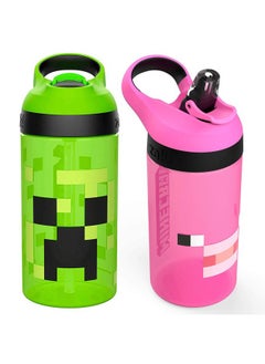 Minecraft Kids Water Bottle with Straw and Built in Carrying Loop Set, Made of Plastic, Leak-Proof Water Bottle Designs (Creeper/Pig, 16 oz, 2pc Set)