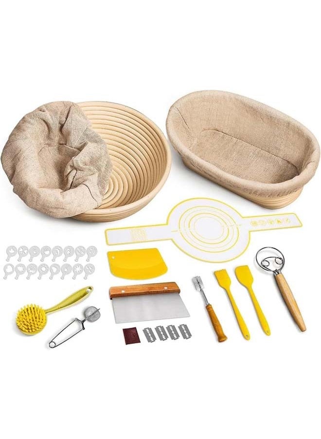 L&E Bread Proofing Basket Set: 9" Round & 10" Oval Banneton Basket, Sourdough Bread Baking Supplies with Bread Lame, Dough Whisk, Dough Scraper, Bread Sling Complete Bread Making Kit  - Image 1
