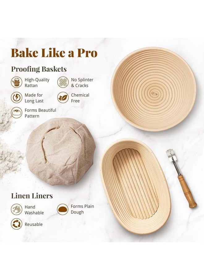 L&E Bread Proofing Basket Set: 9" Round & 10" Oval Banneton Basket, Sourdough Bread Baking Supplies with Bread Lame, Dough Whisk, Dough Scraper, Bread Sling Complete Bread Making Kit  - Image 2