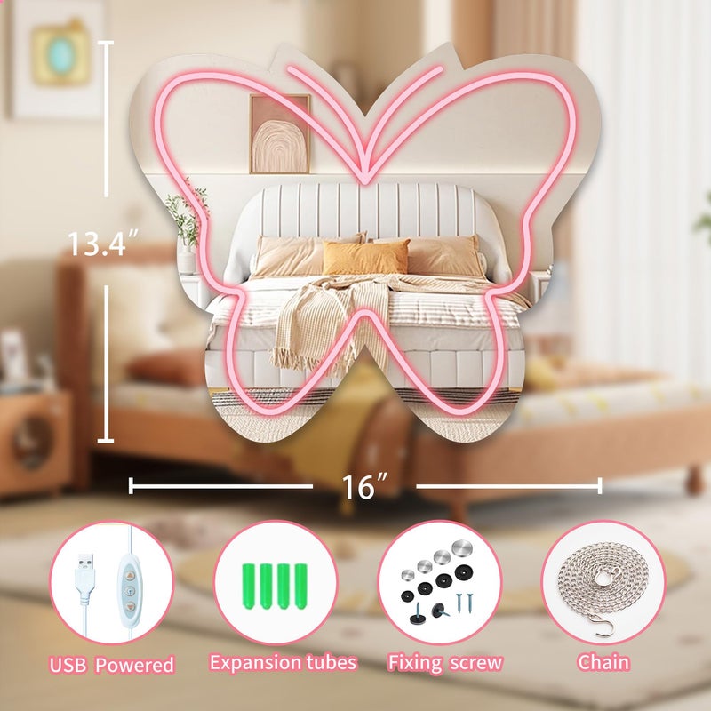 Moneter Anime Butterfly Mirror with Light Neon Signs for Locker Room Living Room Girl's Bedroom, Cute Acrylic Mirror with Dimmable for Girl Gifts, Wall Mirror - Image 5