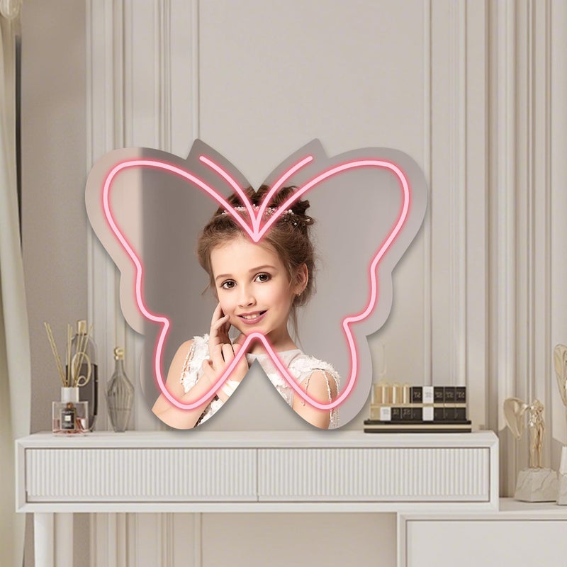 Moneter Anime Butterfly Mirror with Light Neon Signs for Locker Room Living Room Girl's Bedroom, Cute Acrylic Mirror with Dimmable for Girl Gifts, Wall Mirror - Image 3