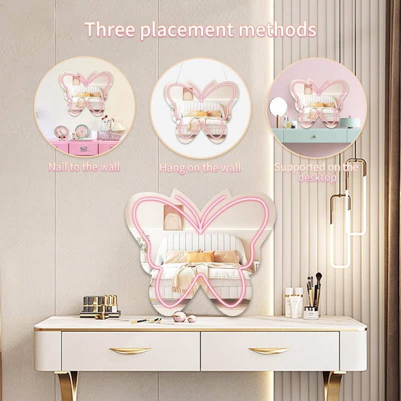 Moneter Anime Butterfly Mirror with Light Neon Signs for Locker Room Living Room Girl's Bedroom, Cute Acrylic Mirror with Dimmable for Girl Gifts, Wall Mirror - Image 4