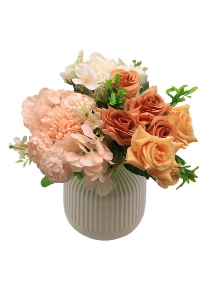 ARTIFICIAL FLOWERS ARRANGEMENT WITH VASE-SILK FLOWERS FLORAL BOUQUET INCLUDING ROSE HYDRANGEA BABY'S BREATH ETC IN PLASTIC VASE-HOME BEDROOM LIVING ROOM DESKTOP OFFICE GREENERY DECOR-WEDDING CEREMONY FESTIVAL DINNING TABLE DECOR