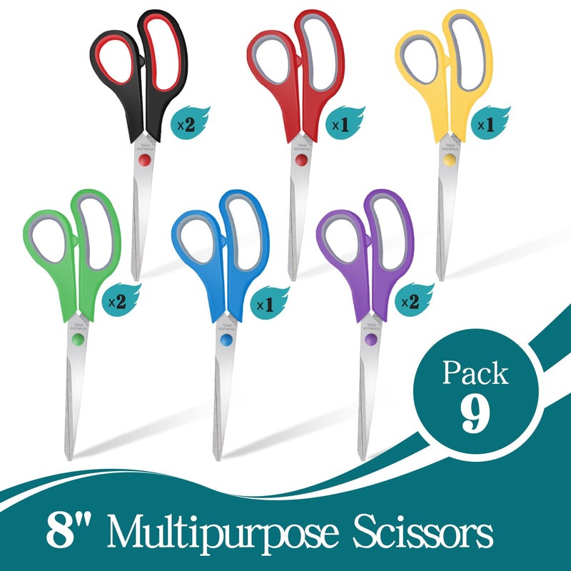 Xnluothsk 9 Packs 8" Sewing Craft Scissors Bulk,Multipurpose Heavy Duty Sharp Paper Scissors,Stainless Steel Shears for Home Office Student Teacher Supplies - Image 2