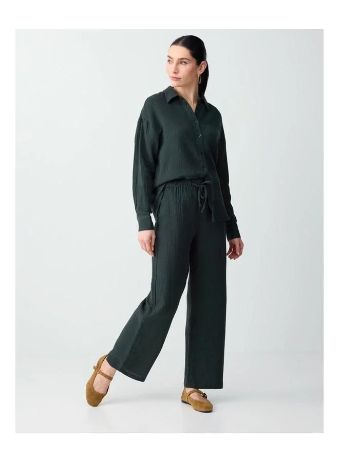 Jimmy Key Dark Green 100% Cotton Regular Waist Tie Long Woven Pants.