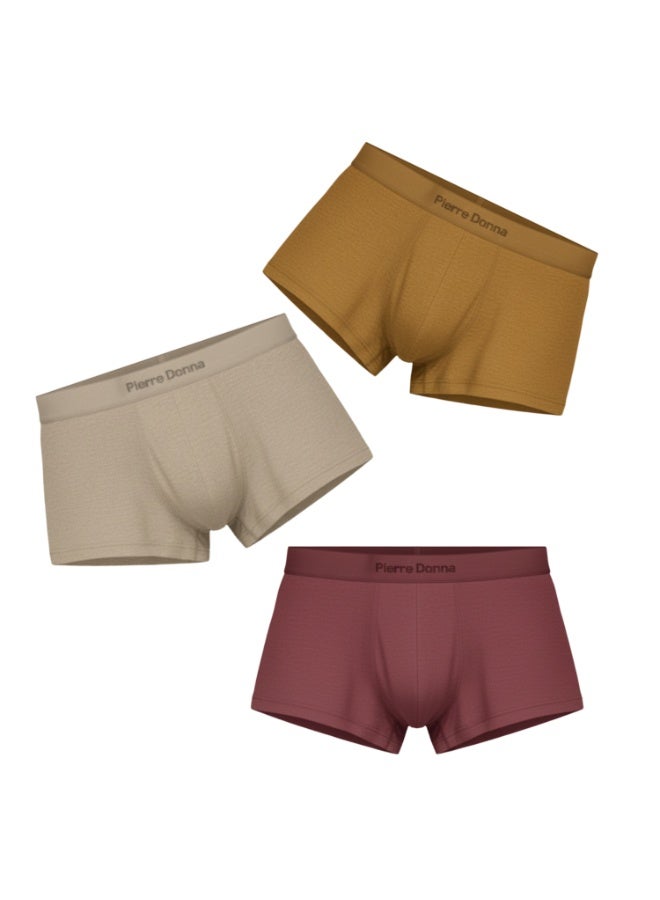 بيير دونا رجالي بوكسر قصير داخلي طقم 3 قطع – خمري، أخضر زيتوني وبني فاتح | قطن مكعب ناعم | جودة كورية فاخرة | مريح في الارتداء | المقاس XL - Image 1