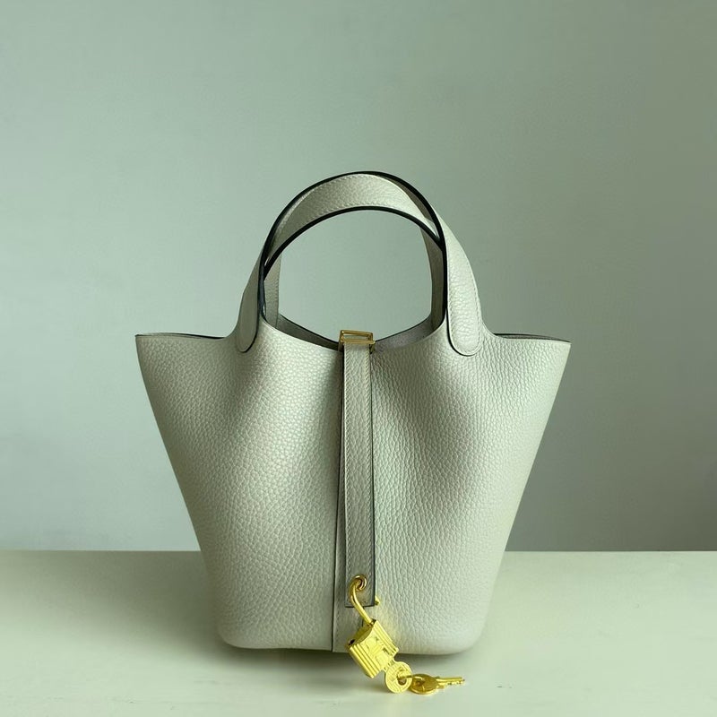18cm Wax Line Hand Sewed TC Top Layer Cowhide Vegetable Basket Bag Bucket Bag Genuine Leather Womens Bag Handbag Glacier white 