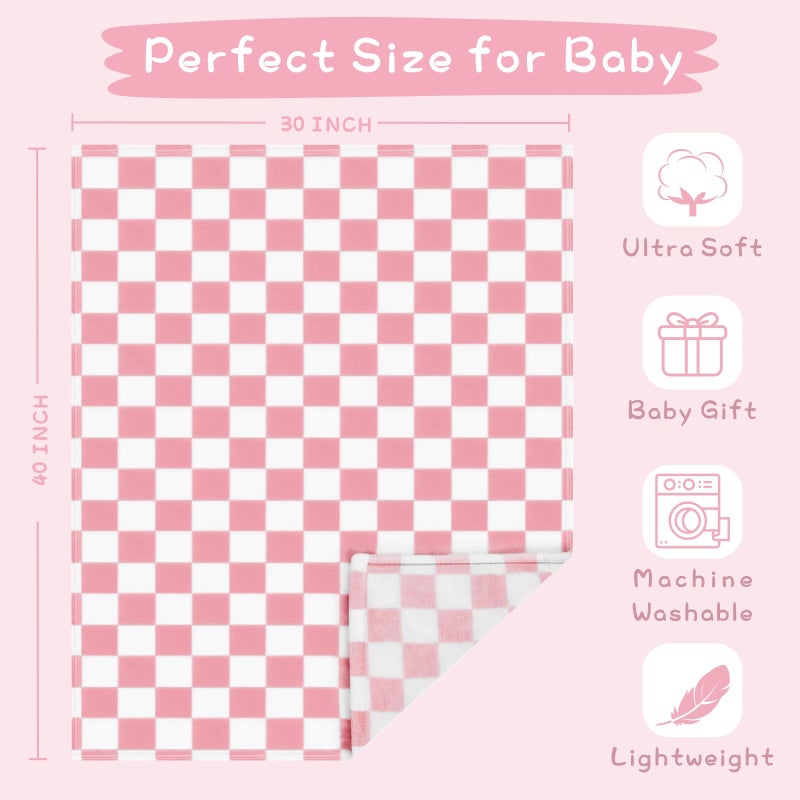 Yurhap Checkered Baby Blanket for Girls Pink Fleece Baby Blankets for Girls Boys, Warmer Comfort Lightweight Bed Blanket for Toddlers Infants or Newborn, 30''x40'', Pink - Image 4