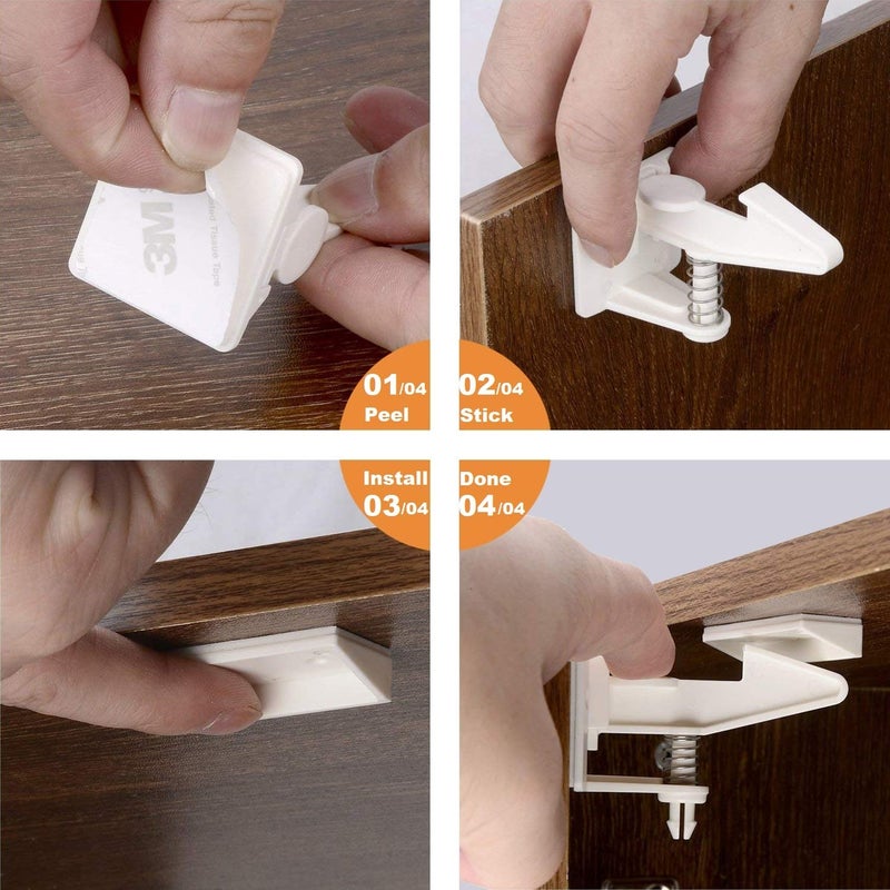 OKEFAN Cabinet Locks Child Safety Latches - OKEFAN 12 Pack Baby Proofing Cabinets Drawer Lock Adhesive Latch for Kids Proof Drawers No Drilling Tools Needed (White) - Image 5