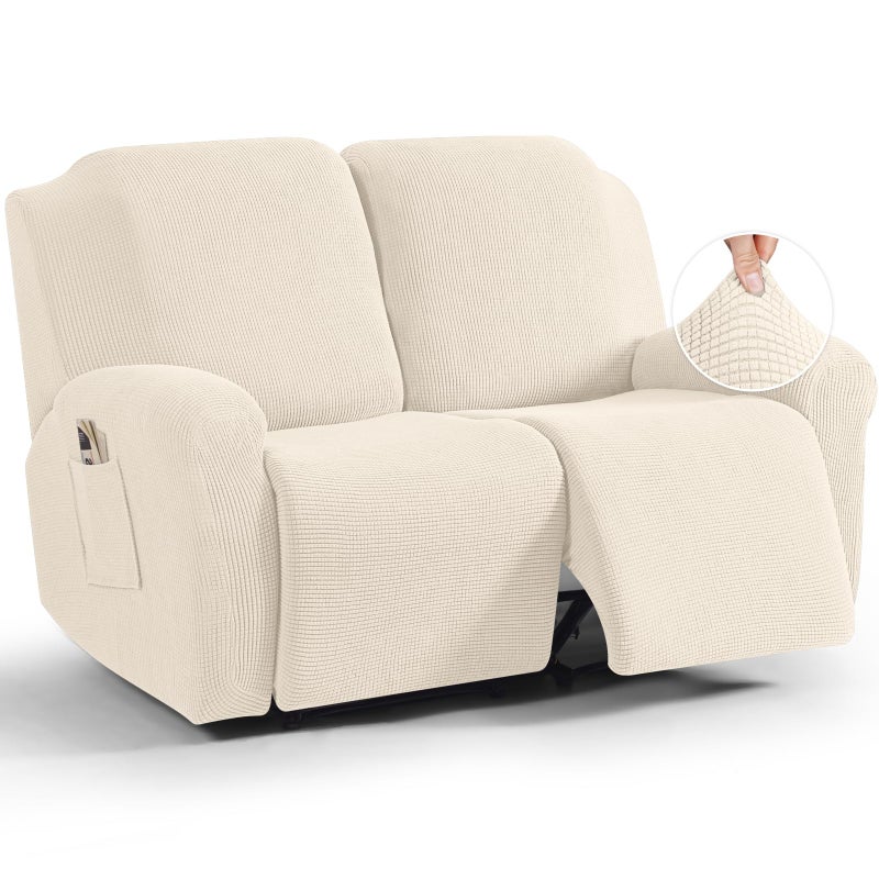 TAOCOCO Recliner Loveseat Slipcover 6 Pieces Dual Recliner Sofa Covers for 2 Seat Dual Reclining Loveseat Couch Stretch Soft Jacquard Pattern Furniture Protector with Elasticity Beige White
