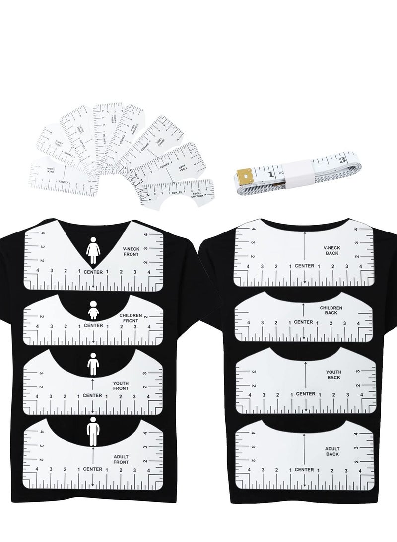 KASTWAVE Tshirt-Ruler for Heat Press, Tshirt-Ruler Guide for Vinyl Alignment, Tshirt-Rulers to Center Vinyl, Transparent V-Neck/Round PVC Ruler for Children Youth Adult, Front and Back Measurement 9Pcs (10in) - Image 1