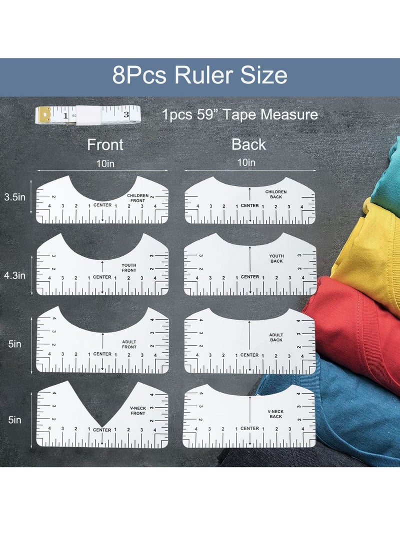 KASTWAVE Tshirt-Ruler for Heat Press, Tshirt-Ruler Guide for Vinyl Alignment, Tshirt-Rulers to Center Vinyl, Transparent V-Neck/Round PVC Ruler for Children Youth Adult, Front and Back Measurement 9Pcs (10in) - Image 3