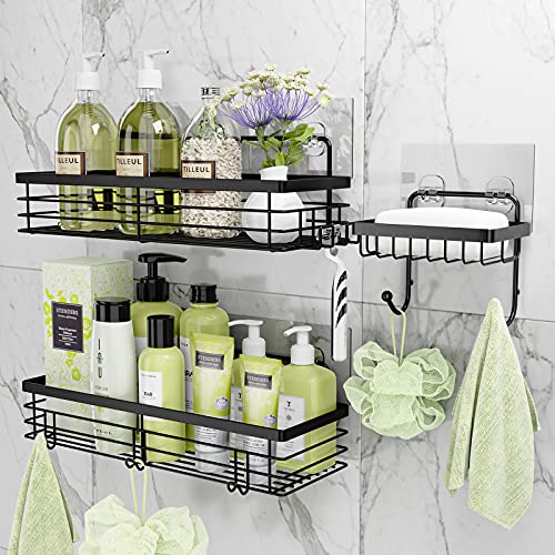 Orimade Adhesive Shower Caddy Soap Dish Holder Shelf with 5 Hooks Bathroom Organizer Basket Kitchen Storage Rack Wall Mounted No Drilling Stainless Steel  3 Pack Black