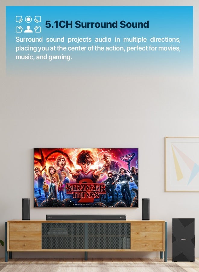 باورولوجي شريط صوت مسرح منزلي لاسلكي 5.1 قناة صوت غامر دولبي 5.1، طاقة صوتية قصوى 370 واط ، مكبر صوت قوي 6.5 بوصة، جودة سينمائية، بلوتوث 5.0، شاشة LED - أسود - Image 4
