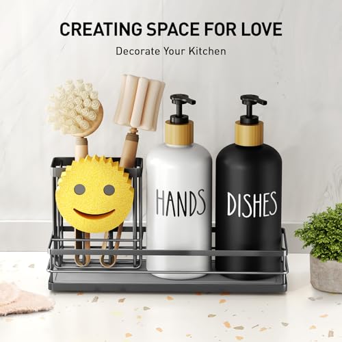 Moforoco Kitchen Dish Soap Dispenser Set, 16OZ Glass Bottle, Hand and Dish Soap Dispenser Set, Instant Dry Tray, Non-Slip Silicone Pad, Brush Holder with Smiley Face Sponge Holder, Kitchen Decor - Image 4