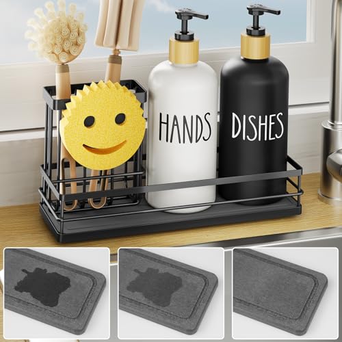 Moforoco Kitchen Dish Soap Dispenser Set, 16OZ Glass Bottle, Hand and Dish Soap Dispenser Set, Instant Dry Tray, Non-Slip Silicone Pad, Brush Holder with Smiley Face Sponge Holder, Kitchen Decor - Image 1