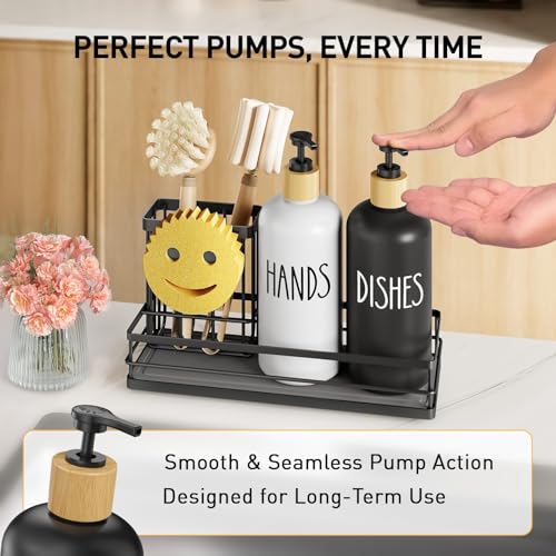 Moforoco Kitchen Dish Soap Dispenser Set, 16OZ Glass Bottle, Hand and Dish Soap Dispenser Set, Instant Dry Tray, Non-Slip Silicone Pad, Brush Holder with Smiley Face Sponge Holder, Kitchen Decor - Image 3