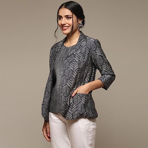 BIBA Women's Poly Viscose PRINTED Long Length MIX AND MATCH Jacket(MONOCHRO18927_MARB.CRB_36), Large, Multicolor - Image 4