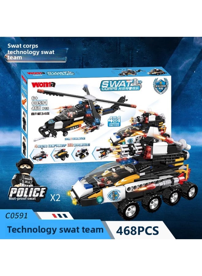 Woma Building Blocks Technology Special Police Team Series Boys Benefit Intelligence Assembled Police Car Aircraft Toys-Color:C0591 Technology Special Police Helicopter 34 Change  - Image 1
