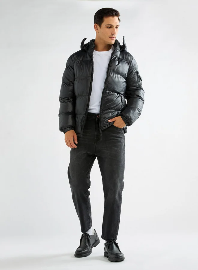 Splash FAV Solid Zip Through Puffer Jacket with Hood and Pockets