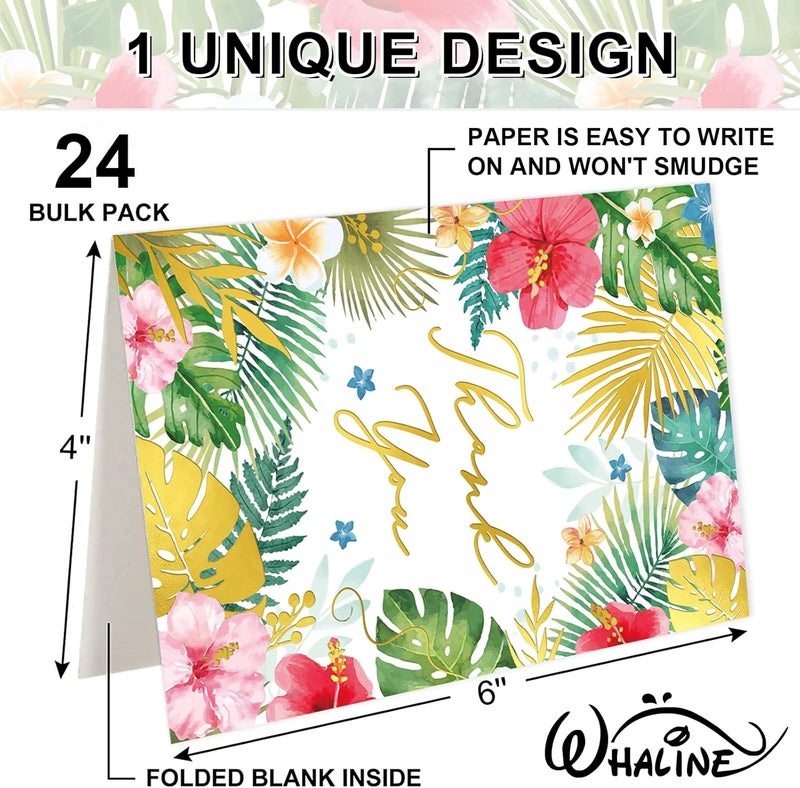 Whaline 24 Pack Hawaiian Thank You Cards Gold Foil Tropical Flowers Leaves Note Cards with Envelopes Stickers Greeting Blank Cards for Summer Party Birthday - Image 2