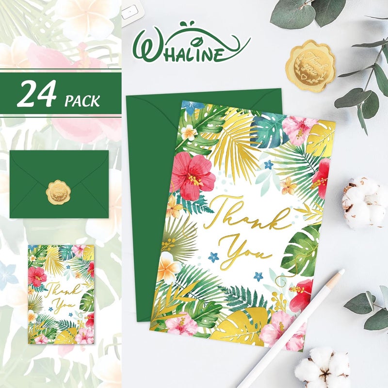 Whaline 24 Pack Hawaiian Thank You Cards Gold Foil Tropical Flowers Leaves Note Cards with Envelopes Stickers Greeting Blank Cards for Summer Party Birthday - Image 3