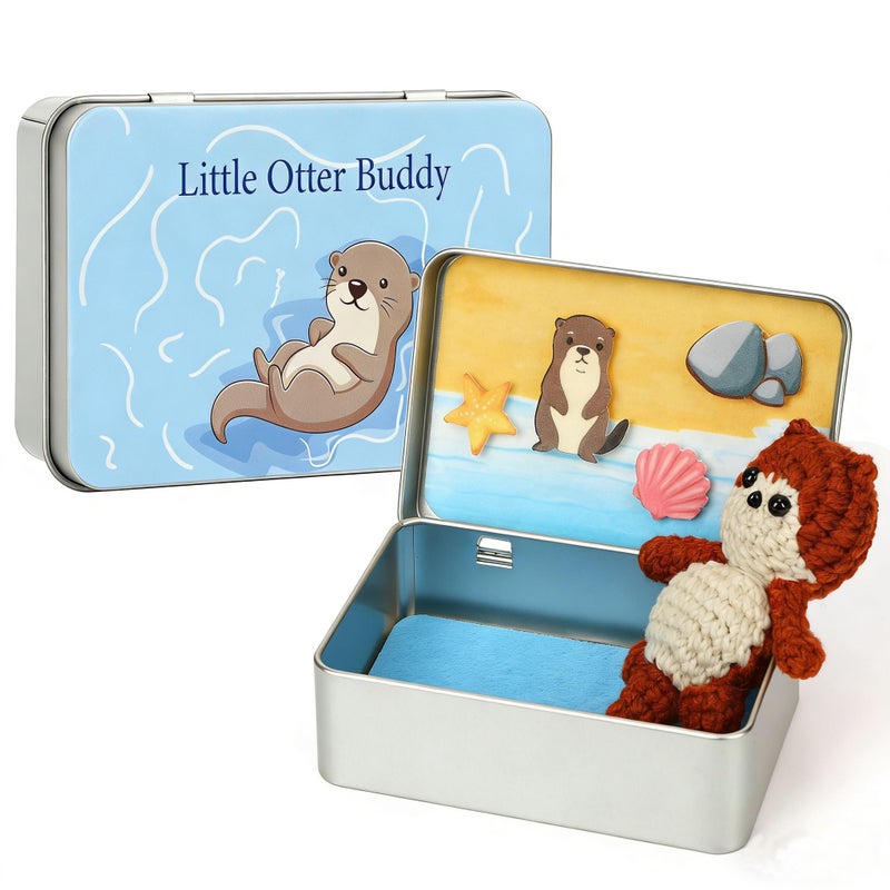 JULEASEL Little Otter Buddy, Mini Knitted Otter in Tin Box, Cute Collectible Keepsake, Travel Buddy, Gift for Kids, Friends, Coworkers - Image 1