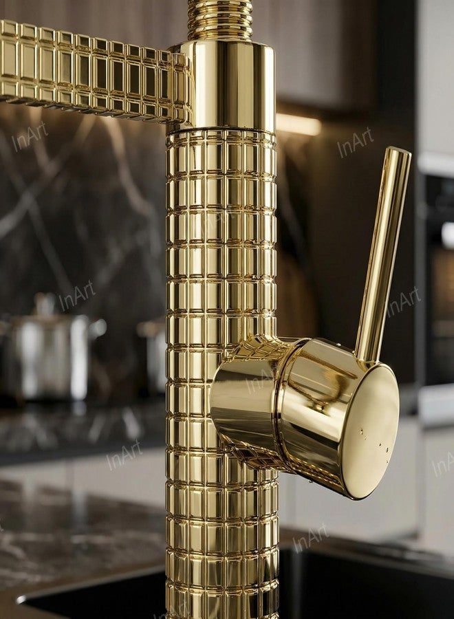 Inart Designer Brass Single Handle High Arc Spring Pull Out Kitchen Sink Faucet - Gold Finish, 360 Swivel, Hot & Cold Water Mixer with Pull Down Sprayer Multitask Mode (Gold 6) - Image 5