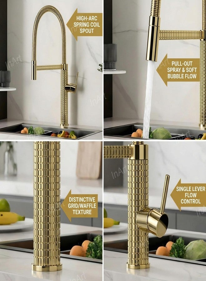 Inart Designer Brass Single Handle High Arc Spring Pull Out Kitchen Sink Faucet - Gold Finish, 360 Swivel, Hot & Cold Water Mixer with Pull Down Sprayer Multitask Mode (Gold 6) - Image 3
