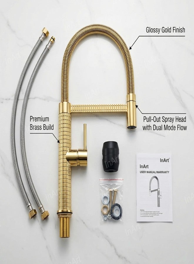 Inart Designer Brass Single Handle High Arc Spring Pull Out Kitchen Sink Faucet - Gold Finish, 360 Swivel, Hot & Cold Water Mixer with Pull Down Sprayer Multitask Mode (Gold 6) - Image 2