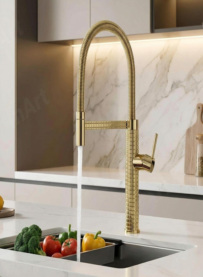 Inart Designer Brass Single Handle High Arc Spring Pull Out Kitchen Sink Faucet - Gold Finish, 360 Swivel, Hot & Cold Water Mixer with Pull Down Sprayer Multitask Mode (Gold 6) - Image 1