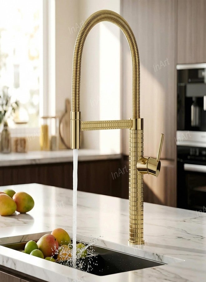 Inart Designer Brass Single Handle High Arc Spring Pull Out Kitchen Sink Faucet - Gold Finish, 360 Swivel, Hot & Cold Water Mixer with Pull Down Sprayer Multitask Mode (Gold 6) - Image 4