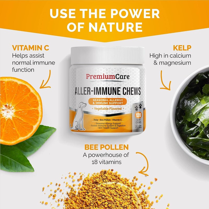 PREMIUM CARE Itch Relief for Dogs - 120 Allergy Chews for Dogs - Anti Itch Seasonal Support for Pets Itchy Skin Relief Skin Health Support with Colostrum, Vitamin C, Omega and Bee Pollen - Image 4