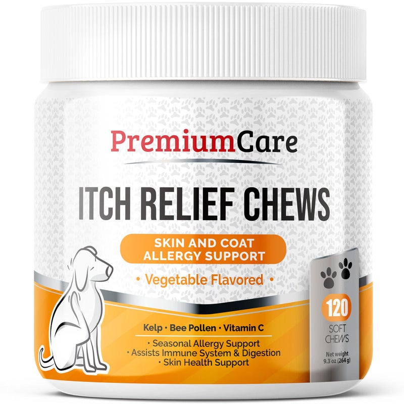 PREMIUM CARE Itch Relief for Dogs - 120 Allergy Chews for Dogs - Anti Itch Seasonal Support for Pets Itchy Skin Relief Skin Health Support with Colostrum, Vitamin C, Omega and Bee Pollen - Image 1