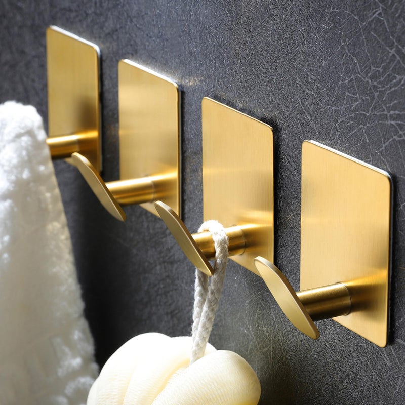 DELITON Gold Towel Hooks- 4 Pack Adhesive Hook for Coat Robe Clothes Stick on Bathroom Wall Brushed Gold Finish Heavy Duty, Stainless Steel - Image 1